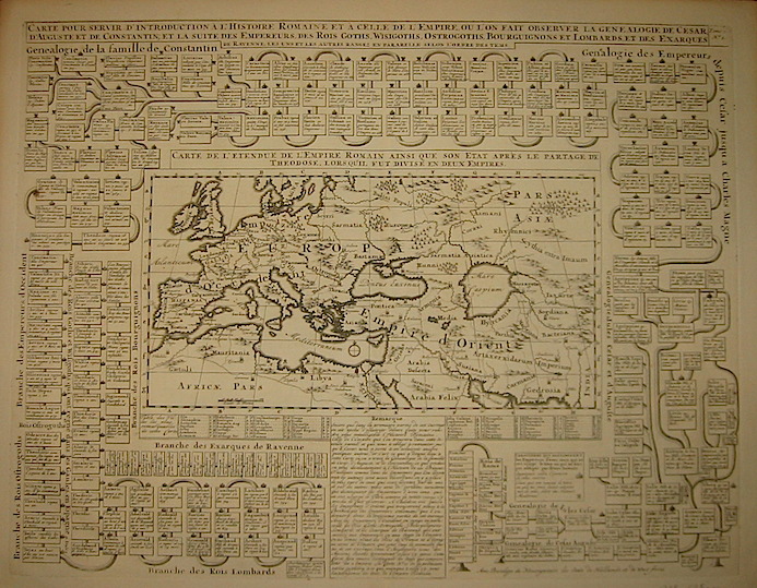 Chatelain Henri Abraham (1684-1743) Carte pour servir d'introduction a l'histoire romaine et a celle de l'Empire, ou l'on fait observer la genealogie de Cesar, d'Auguste et de Constantin, et a la suite des empereurs, des rois Goths, Wisigoths, Ostrogoths, Bourguignons et Lomabards, et des Exarques de Ravenne... 1728 Amsterdam